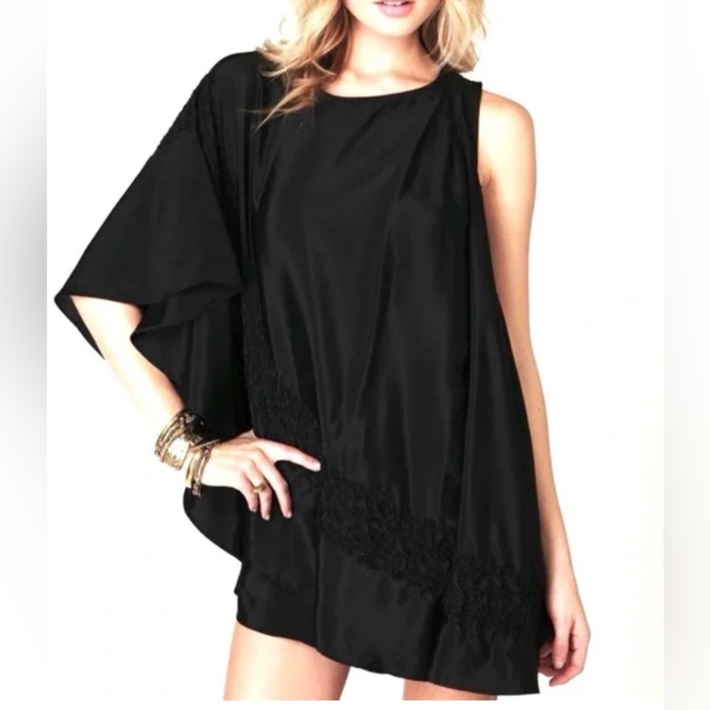 Free People Mini Black Satin One-Shoulder Cocktail Dress size XS